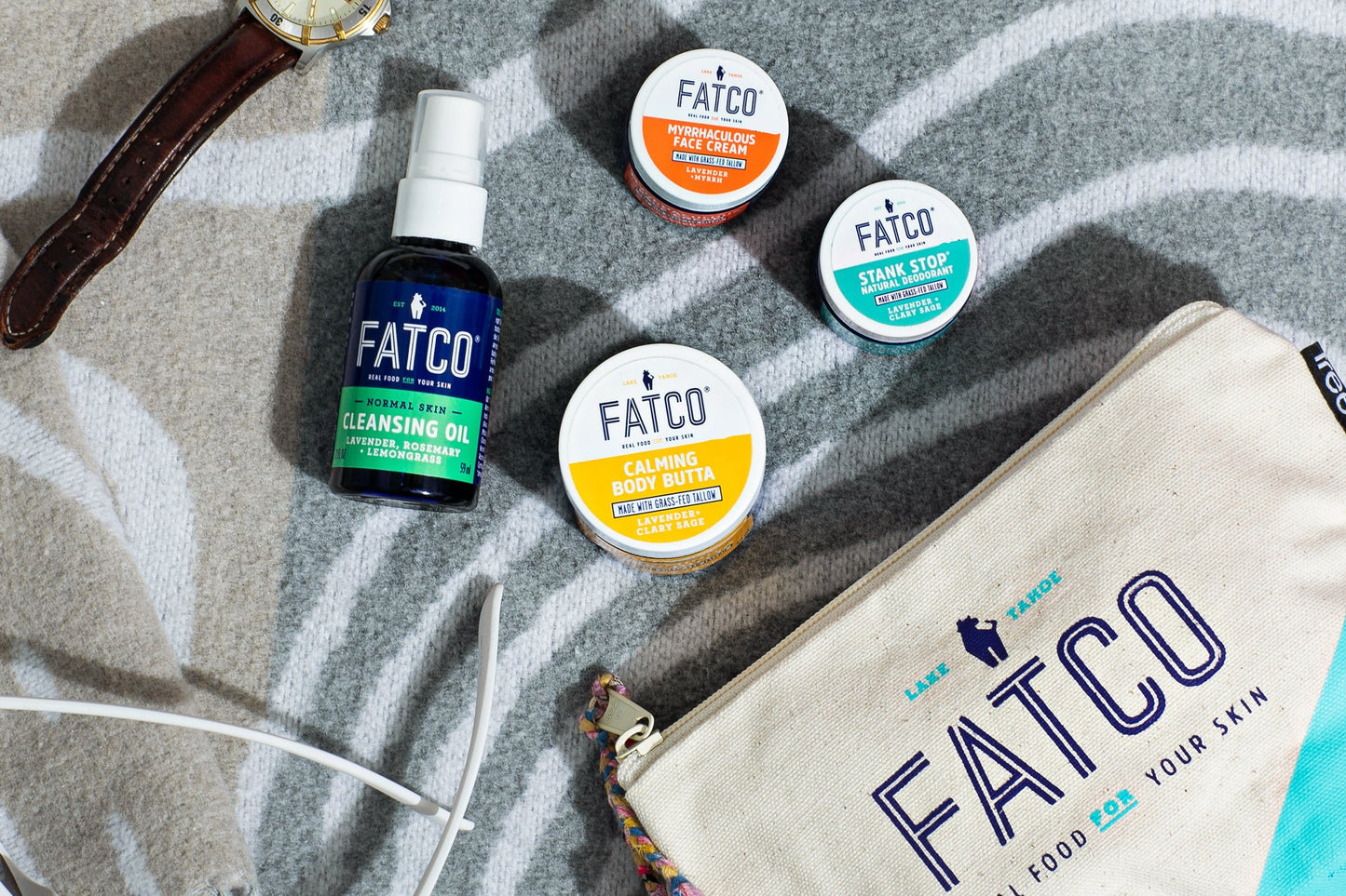 FATCO Travel Kit lifestyle — natural paleo skincare on the go, TSA-friendly sizes
